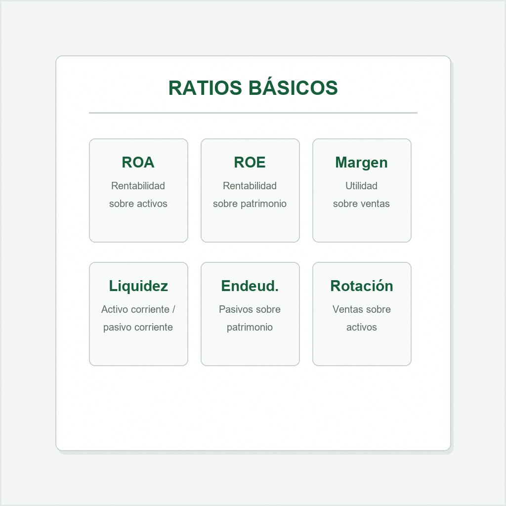 Tabla de ratios financieros básicos en un balance de ejemplo con rotulado conceptual